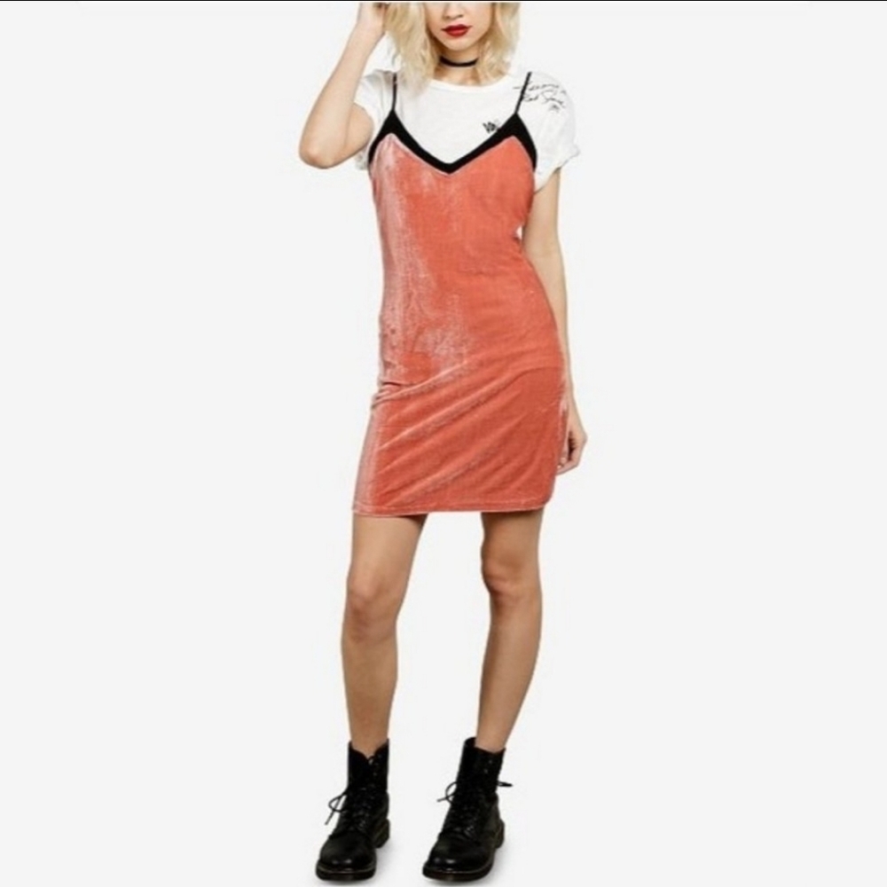 Volcom Velvet Cami Slip Mini Dress Mesh Vneck Orange Grunge Women Size Small